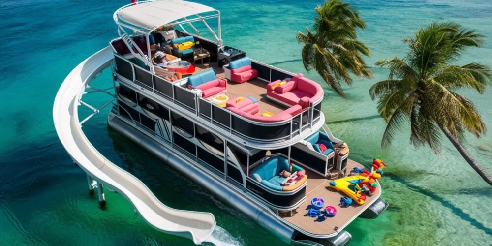 Double decker pontoon boat with slide